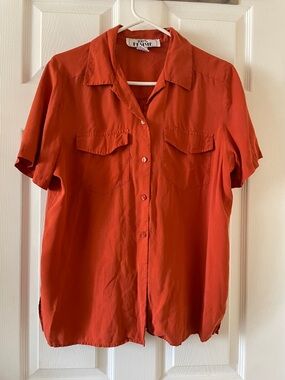 VINTAGE 100% femme orange short sleeved silk blouse button up shirt